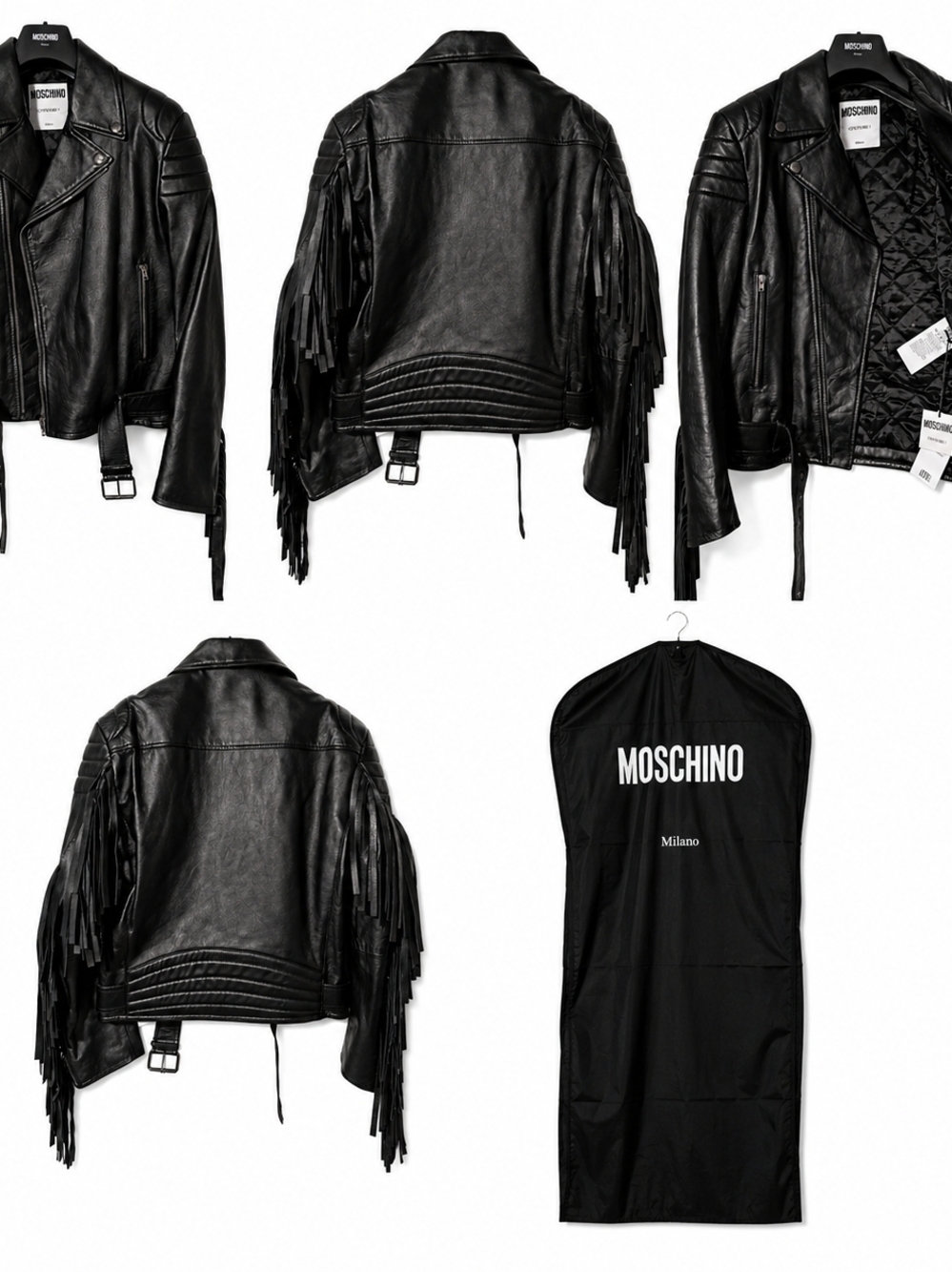 Moschino Black Leather Fringe Biker Jacket